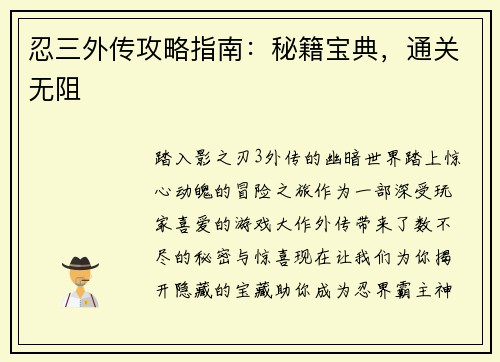 忍三外传攻略指南：秘籍宝典，通关无阻